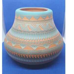 Vintage Artist Signed Navajo Pot- Native American- Etched Red Clay- Ada Morgan